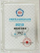 程力中国民营企业制造业500强证书